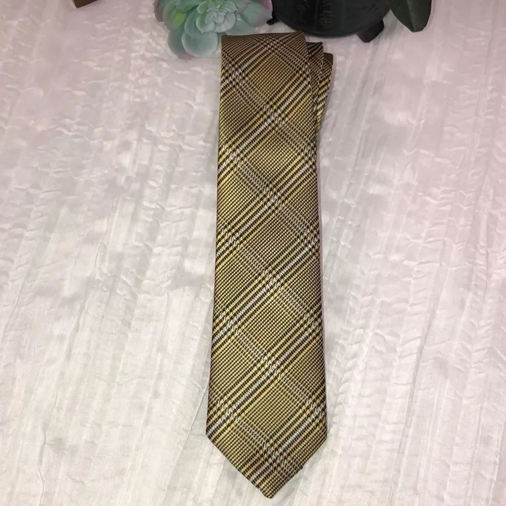 ZENIO Microfiber Gold Navy Blue White Diagonal Plaid Textured Tie